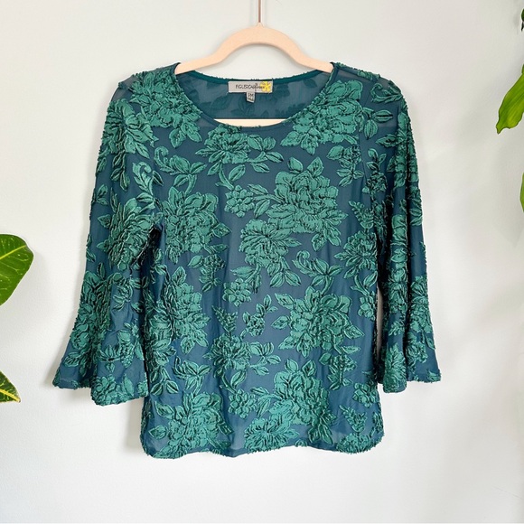 Tops - Emerald Teal 90’s Y2K Velvety Burnout Blouse, Flowy Sleeves, Whimsigoth